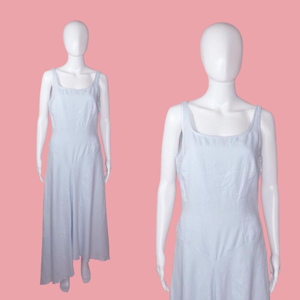 1990s-Y2K BENETTON Pale Blue ASYMMETRICAL DROP Waist Tank Maxi Dress. Medium